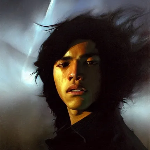 Image similar to a latino 1 5 year old boy with long black hair opens a dark portal to the void. dramatic. cinematic. detailed. sharp. photo realistic. realism. repin. phil hale. krenz cushart