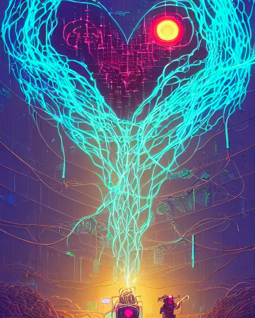 Prompt: retro cyborg heart dripping, tangled wires and electrical cables sparks, energy aura, by dan mumford, peter mohrbacher, ross tran, ismail inceoglu, sylvain sarrailh