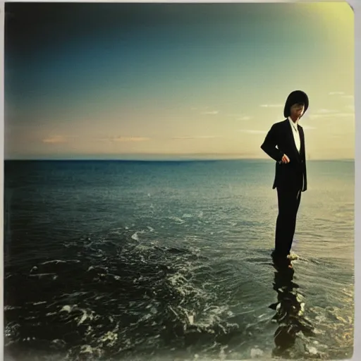 Image similar to japanese man with long hair in a suit standing in the ocean pointing at the camera, sunset, album cover, 1980