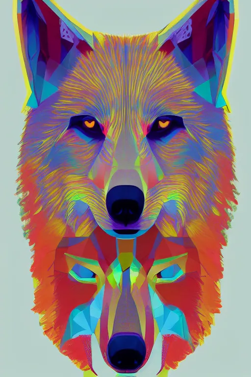 Image similar to Portrait of a wolf head. Acid trip colors, very geometrical, symmetrical, brutalist, cement, psychedelic colors, trending on artstation