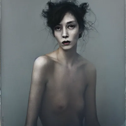 Prompt: a photo portrait of a mysterious eerie shimmering woman in an uncertain world, overtaken by sadness, cinematic, by paolo roversi,