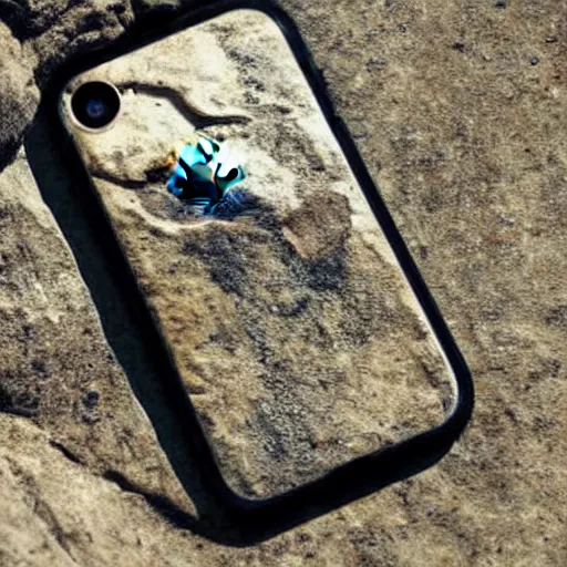 Prompt: fossilized iphone discovered in cliff face