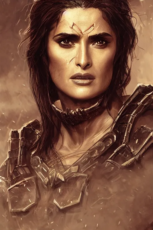 Prompt: portrait, Salma Hayek , barbarian , dressed in leather armor, face portrait, raphael lacoste, eddie mendoza, alex ross, concept art, matte painting, highly detailed, rule of thirds, dynamic lighting, cinematic, detailed, denoised, centred