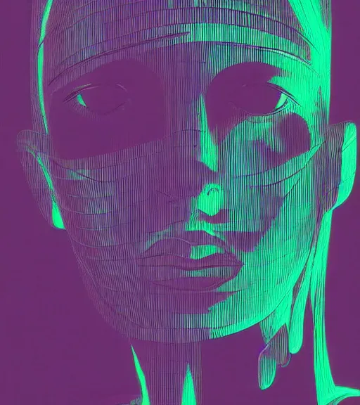 Image similar to hologram of a female face on a backdrop of data, Industrial Scifi, detailed illustration, character portrait, by Martin Grip and Moebius