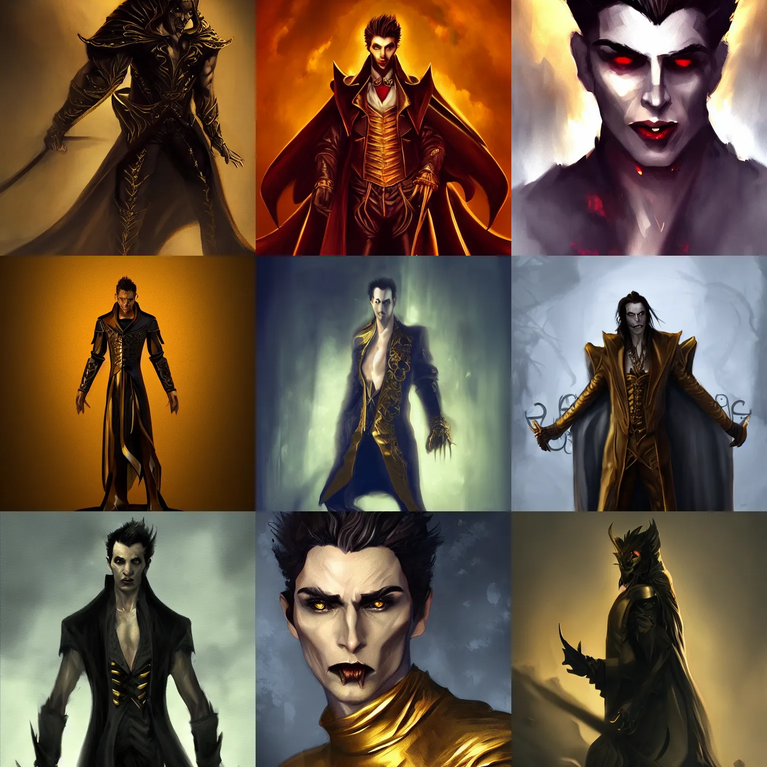 Image similar to male vampire in dark golden noble clothes in a dramatic pose, realistic painting, artstation, cinematic, dramatic lighting