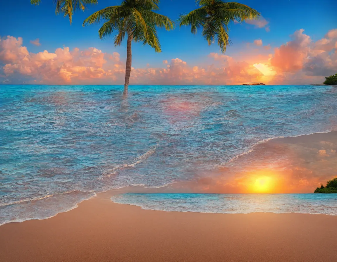 Image similar to photo of ultra realistic heart / shaped sandy beach island with one exotic palm tree, sunset lighting