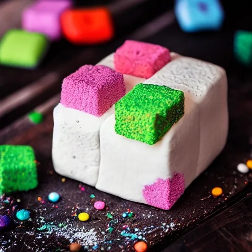 Prompt: photograph of a delicious marshmallow cube with sprinkles on a dark wooden chopping board, pastel colours, hessian cloth, styled food photography, photorealistic, 4 k