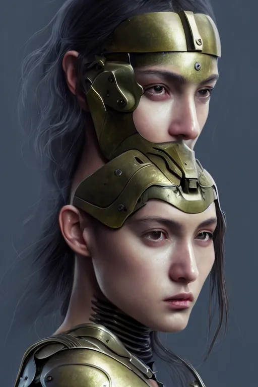 Image similar to a photorealistic character portrait of an attractive young girl, partially clothed in metal-plated battle armor, olive skin, long dark hair, beautiful bone structure, symmetrical face, perfect eyes, intricate, elegant, digital painting, concept art, illustration, sharp focus, minimal artifacts, volumetric lighting, from Metal Gear, in the style of Ruan Jia and Mandy Jurgens and Greg Rutkowski, trending on Artstation, award winning