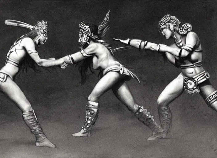 Image similar to Battlefield, two aztec warrior females fight, epic ,old photo, vintage, black and white, Boris vallejo, sepia