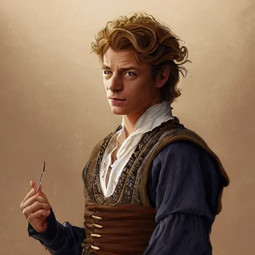 Image similar to a young man wearing 16th century clothes, sly expression, blonde, young simon baker, D&D, fantasy, portrait, highly detailed, digital painting, artstation, concept art, sharp focus, illustration, art by artgerm and greg rutkowski and alphonse mucha