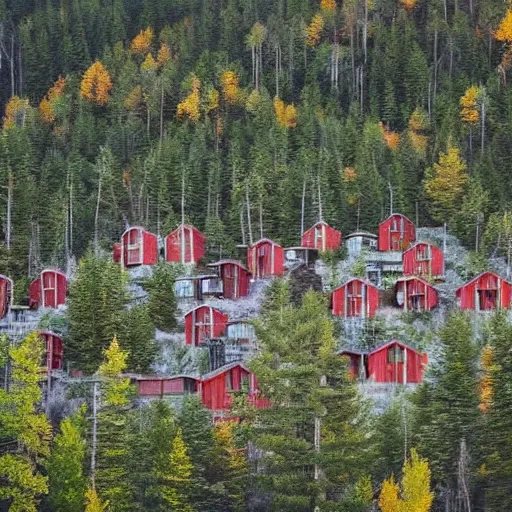 Image similar to brutalist cabin village, mountains, forest, beautiful,