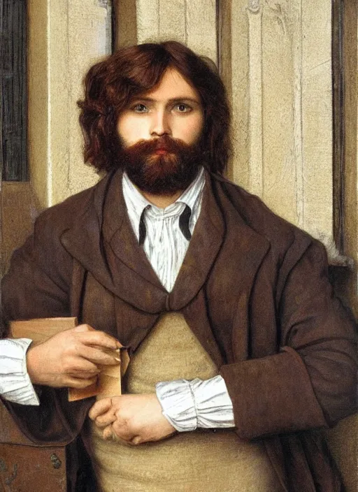 Prompt: Pre-Raphaelite young beautiful brown-haired bearded muscular male working in a office job