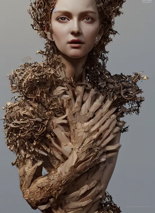 Prompt: sculpture made of wood, portrait, female, future, timber, harper's bazaar, vogue, fashion magazine, intricate, concept art, close up, ornate, luxury, elite, elegant, trending on artstation, by ruan jia, by Kenneth Willardt, by ross tran, by WLOP, by Andrei Riabovitchev,