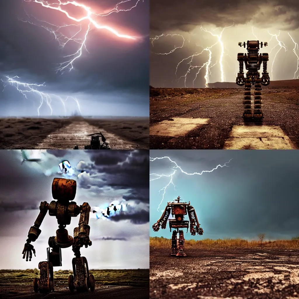 Prompt: old rusty robot walking through a wasteland, dramatic lightning, realistic photography
