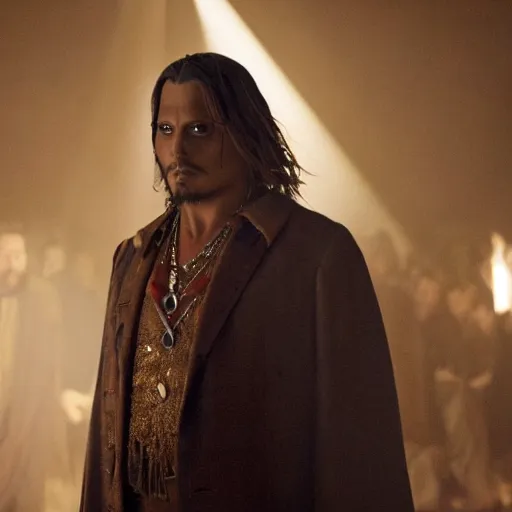 Image similar to stunning awe inspiring johnny depp as the jesus christ, movie still 8 k hdr atmospheric lighting