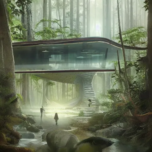 Image similar to A futuristic hotel in the forest with a river and animals around it ,Greg rutkowski, Trending artstation, cinematográfica, digital Art