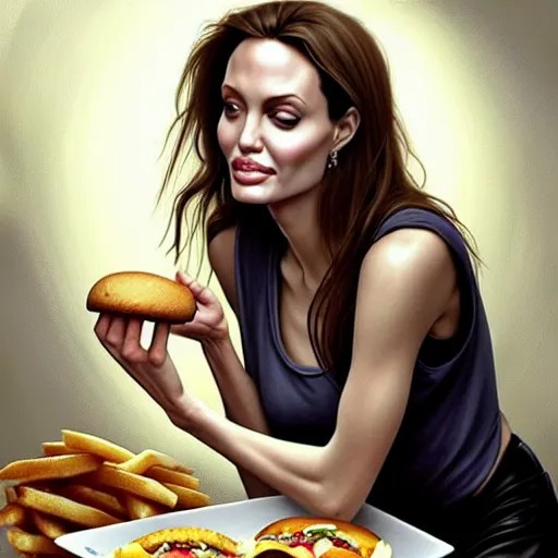 Prompt: portrait of Angelina Jolie eating big mac, hamburger with extra onions and ketchup, luscious patty with sesame seeds, ethereal, handsome, D&D, fantasy, intricate, elegant, highly detailed, digital painting, artstation, concept art, matte, sharp focus, illustration, art by Artgerm and Greg Rutkowski and Alphonse Mucha