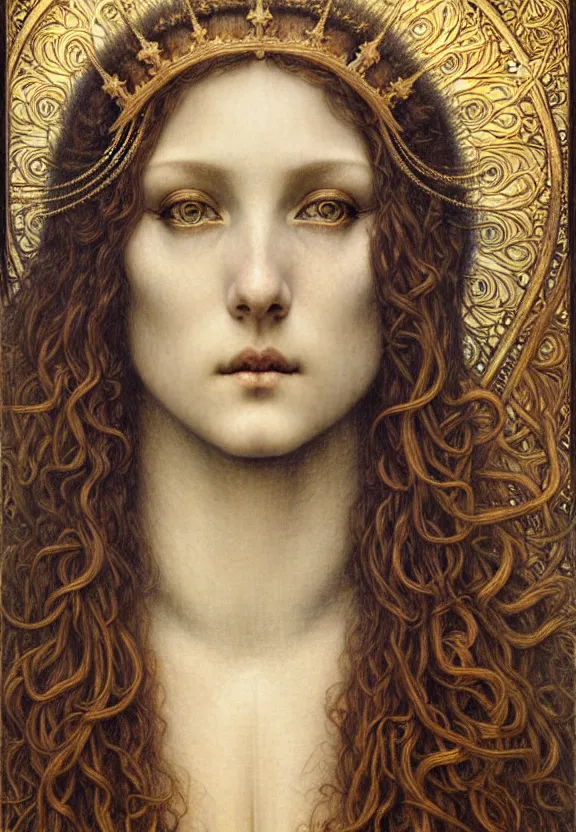 Image similar to detailed realistic beautiful young medieval queen face portrait by jean delville, gustave dore and marco mazzoni, art nouveau, symbolist, visionary, gothic, pre - raphaelite. horizontal symmetry