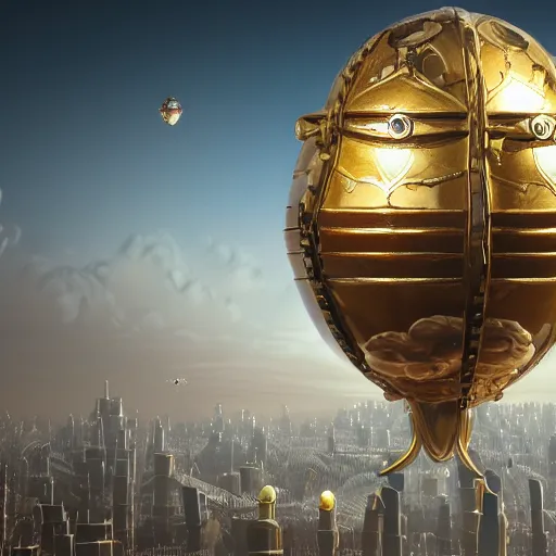 Image similar to enormous flying city in a faberge egg, sky, steampunk, fantasy art, masterpiece, octane render