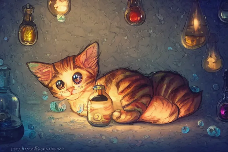 Image similar to adorable kitten curled up asleep amidst potion bottles, 8k resolution matte fantasy painting, warm lighting, bokeh, DeviantArt Artstation, by Lisa Ravenscroft and Ross Tran and Lisa Frank and Tony DiTerlizzi