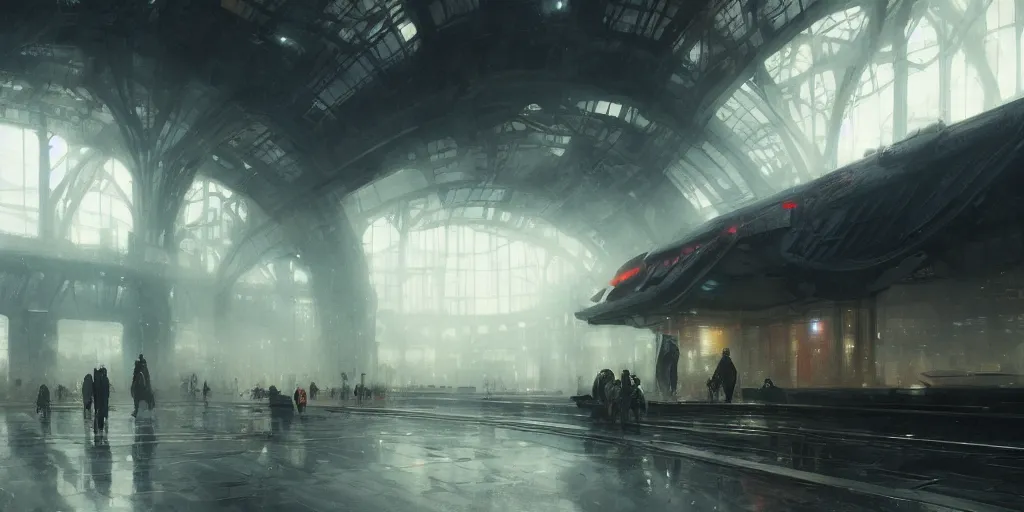 Image similar to futuristic train station by greg rutkowski and ruan jia, washed colors, dark, moody, gloomy, foggy,