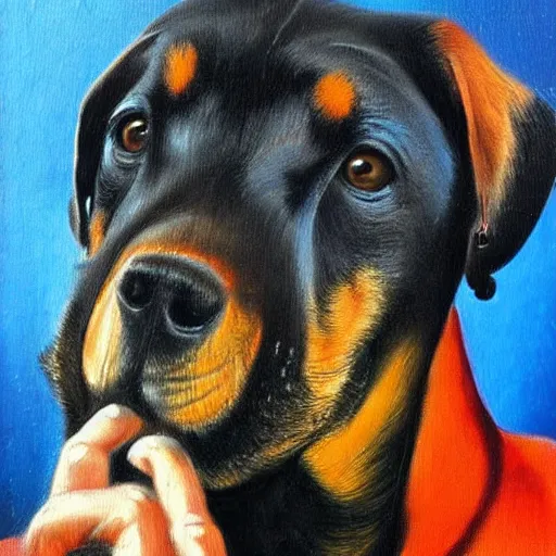 Image similar to oil painting by salvador dali of a rottweiler smoking a cigarette