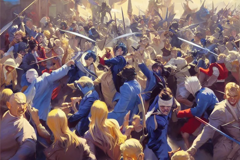 Prompt: greg manchess painting of a crowd throwing swords at a blond man in a blue suit, organic painting, sunny day, matte painting, bold shapes, hard edges, street art, trending on artstation, by huang guangjian, gil elvgren, ruan jia, randy vargas, greg rutkowski