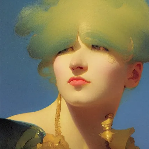 Prompt: a young woman's face, her hair is chrome and she wears an cobalt blue satin cloak, by ivan aivazovsky and syd mead and moebius and gaston bussiere and roger dean and pieter claesz and paul delaroche and alma tadema and aelbert cuyp and willem claesz, hyperrealistic, volumetric light, octane render