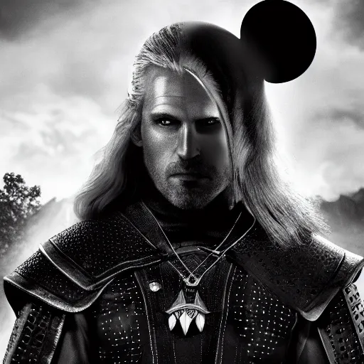 Image similar to mickey mouse as the witcher, cinematic, dark, sharp focus, black and white, highly detailed, portrait