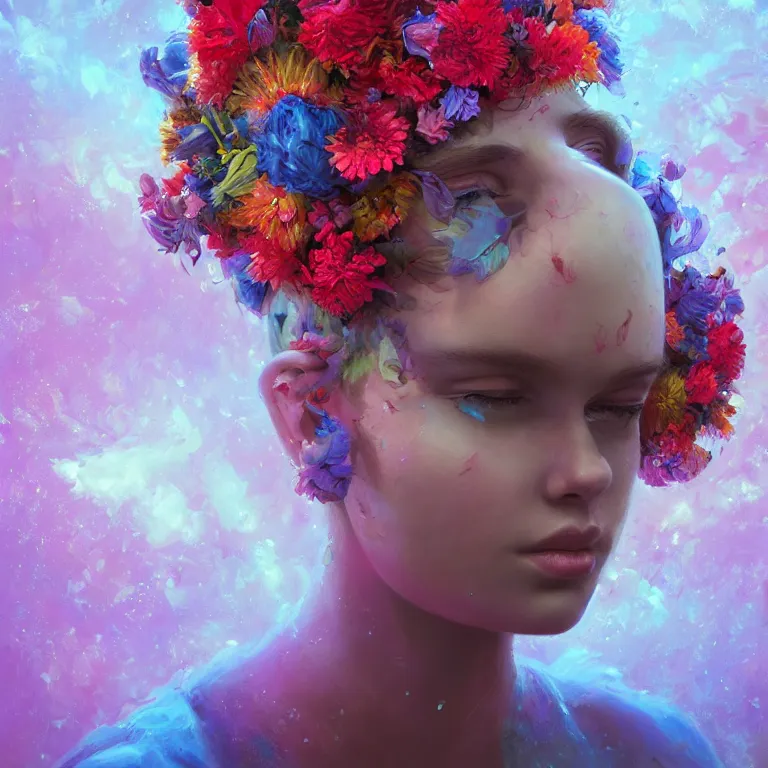 Image similar to a beautiful oil painting hyperrealism of a beautiful young woman, flowers, floral headdress, 8 k resolution, octane render, trending on artstation, by gediminas pranckevicius, volumetric light 2 blue fractal thunder glow by dan mumford, anaglyph effect, laurie lipton