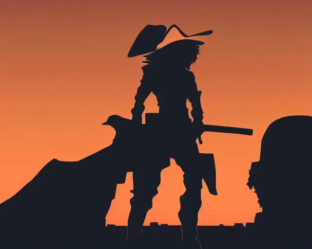 Prompt: cowboy bebop silhouette in the desert, synthwave