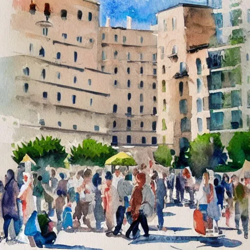 Prompt: big city bustling with people on a hot summer day, watercolor painting, morandi color palette, very beautiful masterpiece by a very talented artist, stunning