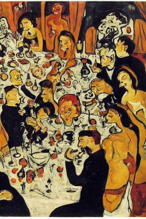 Prompt: scene from a dinner party, guests eating their brains out at a long table, queen in black silk in the center painting by oskar kokoschka