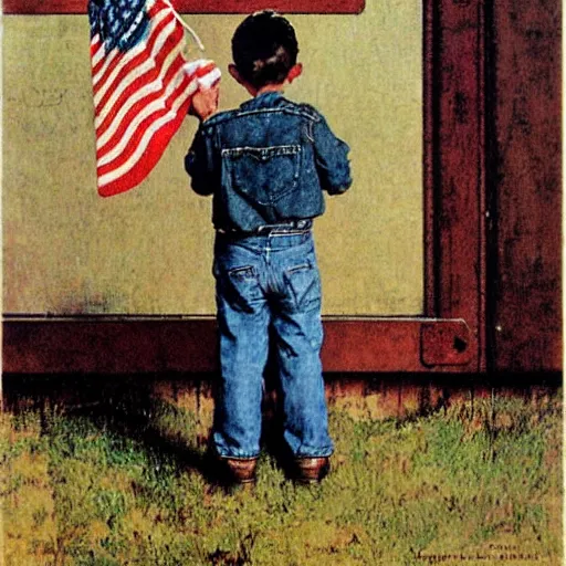 Image similar to illustration of a little country boy waving the american flag, by norman rockwell