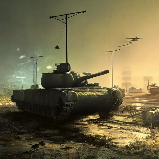 Prompt: a tank in battlefield 4 by simon stalenhag and robbert sammelin and eric persson and, 4 k, hdr, tonemapping, detailed, atmospheric, majestical lighting