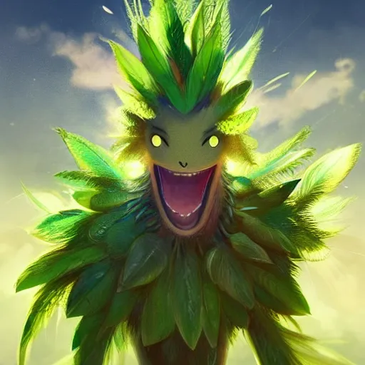 Prompt: a cute beautiful plant type pokemon with smile, green feathers bursting out of his hair, full body portrait, highly detailed digital art, 3 d perspective, award - winning illustration, aesthetic, smooth, pokemon style, made by greg rutkowski, with an alien landscape in the background