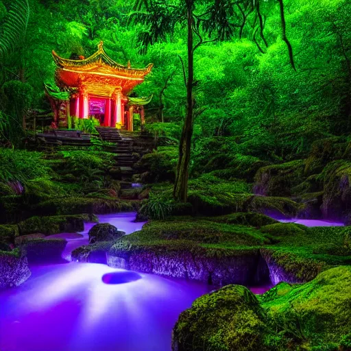 Prompt: a temple in a lush forest at night, psychedelic light, waterfalls, vibrant colors, spectacular details, dramatic lighting, epic composition, wide angle