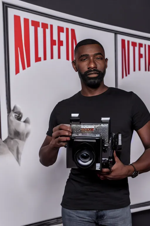 Prompt: a black man with short haircut, holding a camera, movie poster concept art about cinema backstages, netflix, no words 4 k,