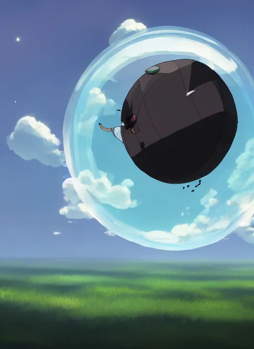 Image similar to an asymmetrical cell - shaded studio ghibli concept art study of a black cube inside a bubble in the sky. wide shot, very dull colors, hd, 4 k, hq