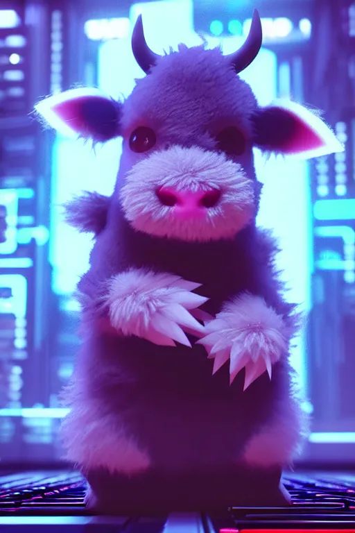 Prompt: high quality 3 d render very cute neuromancer fluffy! mutant cow playing! keyboard, highly detailed, unreal engine cinematic smooth, in the style of blade runner & detective pikachu, hannah yata charlie immer, moody light, low angle, uhd 8 k, sharp focus