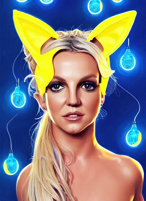 Image similar to britney spears in blue and yellow cat costume, cat ears, intricate, elegant, glowing lights, highly detailed, digital painting, artstation, glamor pose, concept art, smooth, sharp focus, illustration, art by artgerm and greg rutkowski, artey freytag