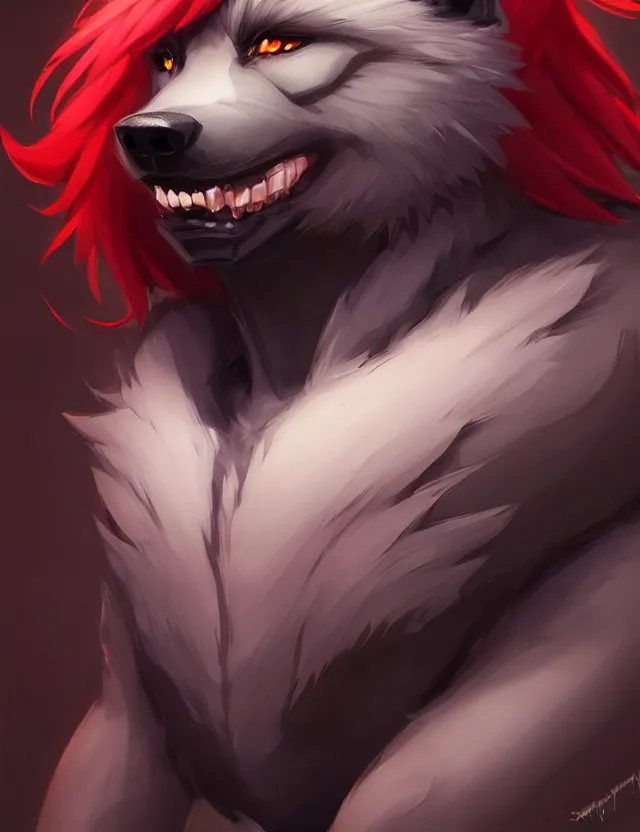 Image similar to character concept art of a black anthropomorphic male furry wolf long red hair | | cute - fine - face, pretty face, key visual, realistic shaded perfect face, fine details by stanley artgerm lau, wlop, rossdraws, james jean, andrei riabovitchev, marc simonetti, and sakimichan, trending on artstation