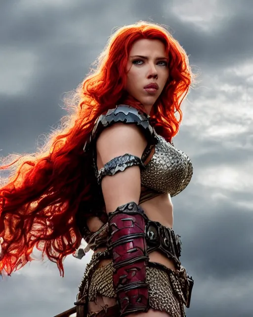 Image similar to scarlett johansson portraying a beautiful red sonja, beautiful scarlett johansson red sonja, movie, hyper realistic, hollywood promotional image, imax, 8 k