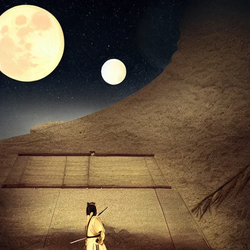 Prompt: old samurai holding ancient sword giant moon in background lighting the area