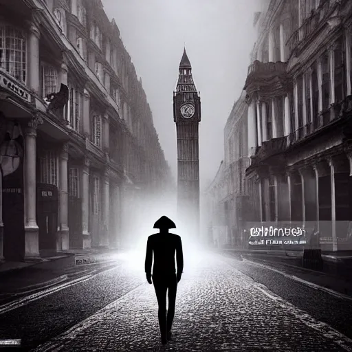 Image similar to terrifying alien creature walking through the center of old london city late at night, lamp lit street, oil painting, gloomy misty atmosphere, symmetrical, full body image, highly ornate intricate details, very sharp photo,