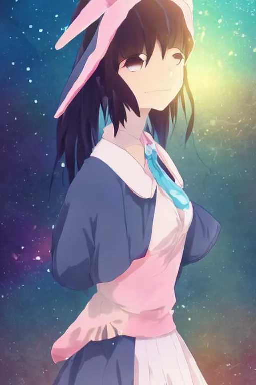 Image similar to Cute anime girl with bunny hat in the style of Makoto Shinkai, Kazuo Oga and Clamp