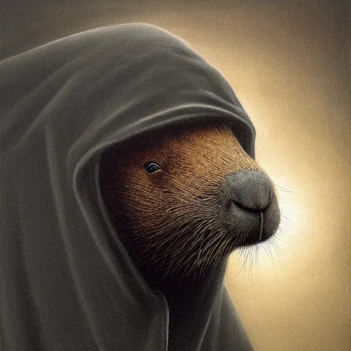 Image similar to a portrait of a capybara wearing a black hood, cloak covering face, anatomically correct, beautiful perfect face, enigmatic, oil painting, matte, black background, volumetric dynamic lighting, highly detailed, cinematic lighting, unreal engine, 8 k, hd, by beksinski