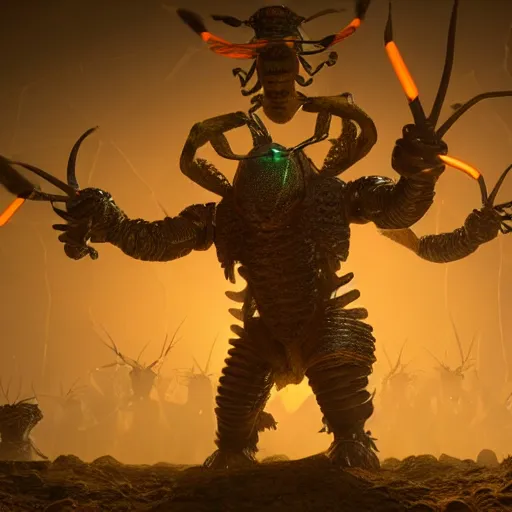 Prompt: highly detailed octane render of giant glowing insects chasing short fat men with giant beards who each hold a gun and wear armour. Depth of field