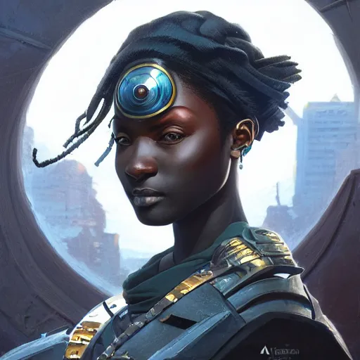 Image similar to african dieselpunk warlord, science fiction, highly detailed, digital painting, beautiful eyes, symmetry, concept art, sharp focus, illustration, global illumination, radiant light, detailed and intricate environment, art by artgerm and greg rutkowski and magali villeneuve and ilya kuvshinov!