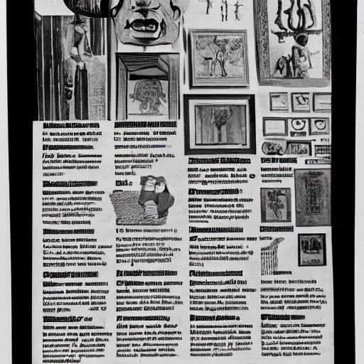 Prompt: A full page advertisement for a colonial gallery, African artifacts, masks, objects, newspaper style, black and white, African Arts magazine, 70s